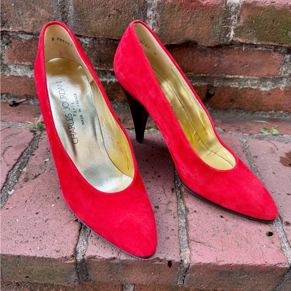 Red Suede Pumps By Charles Jourdan, Vintage French Designer Blk Gold Heels  Sz 8